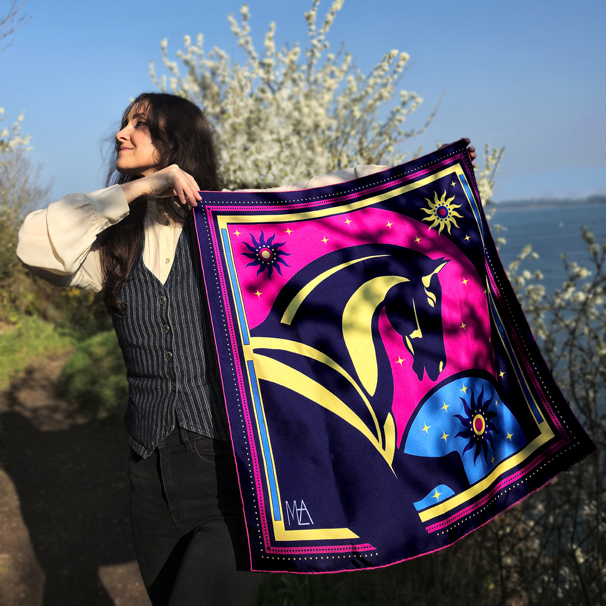 Bandana en soie luxueux rose et bleu made in France