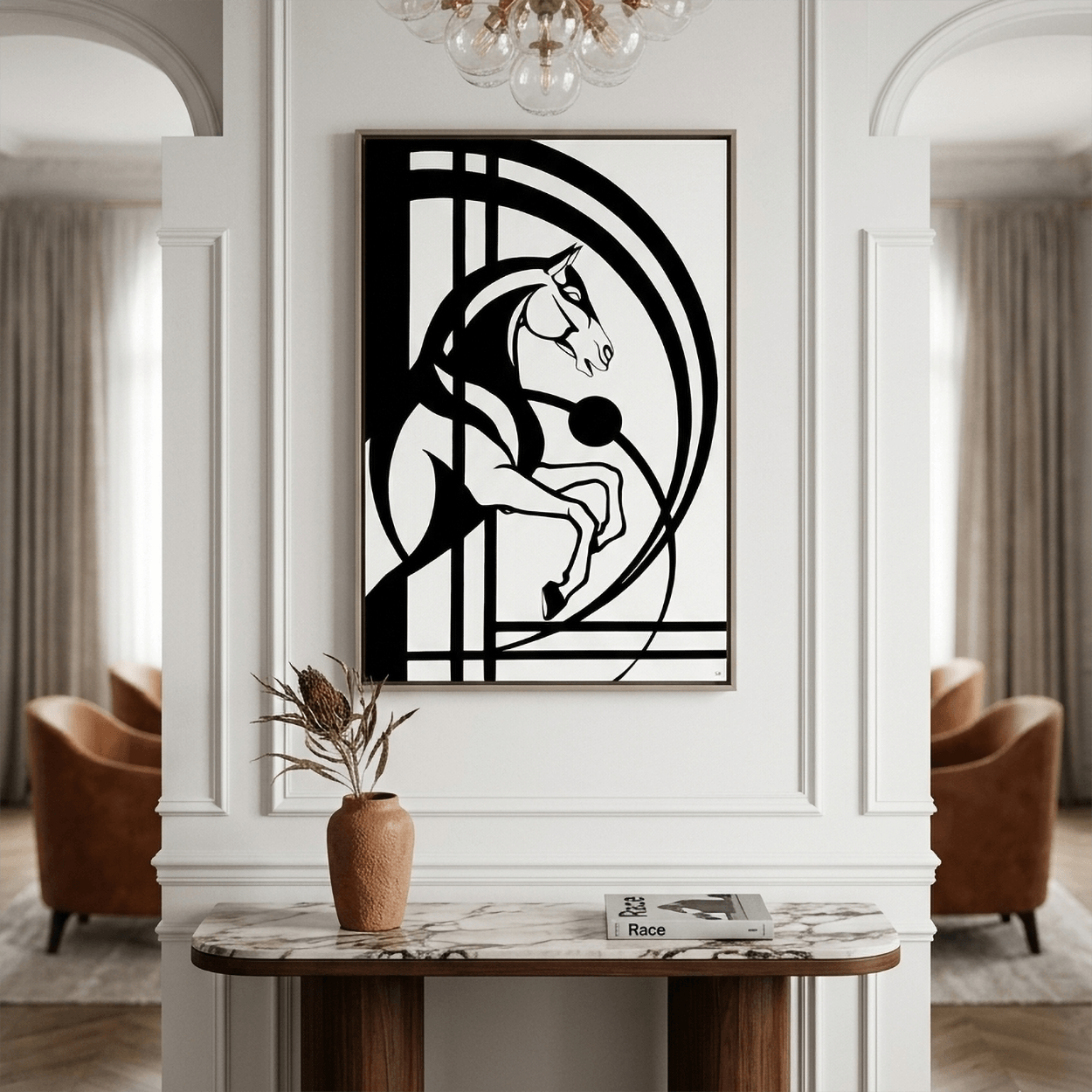 Original contemporary acrylic painting "Le passage". the painting depicts a horse in a geometric composition. A perfect painting for horse lovers and contemporary art fine collectors