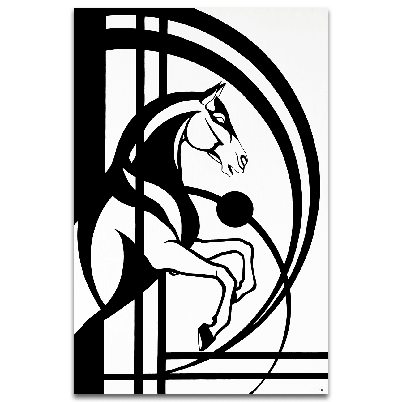 Œuvre originale le passage. Une peinture acrylique sur toile de format 100x65cm représentant un cheval et un univers géométrique. À découvrir sur notre Galerie d'art en ligne .