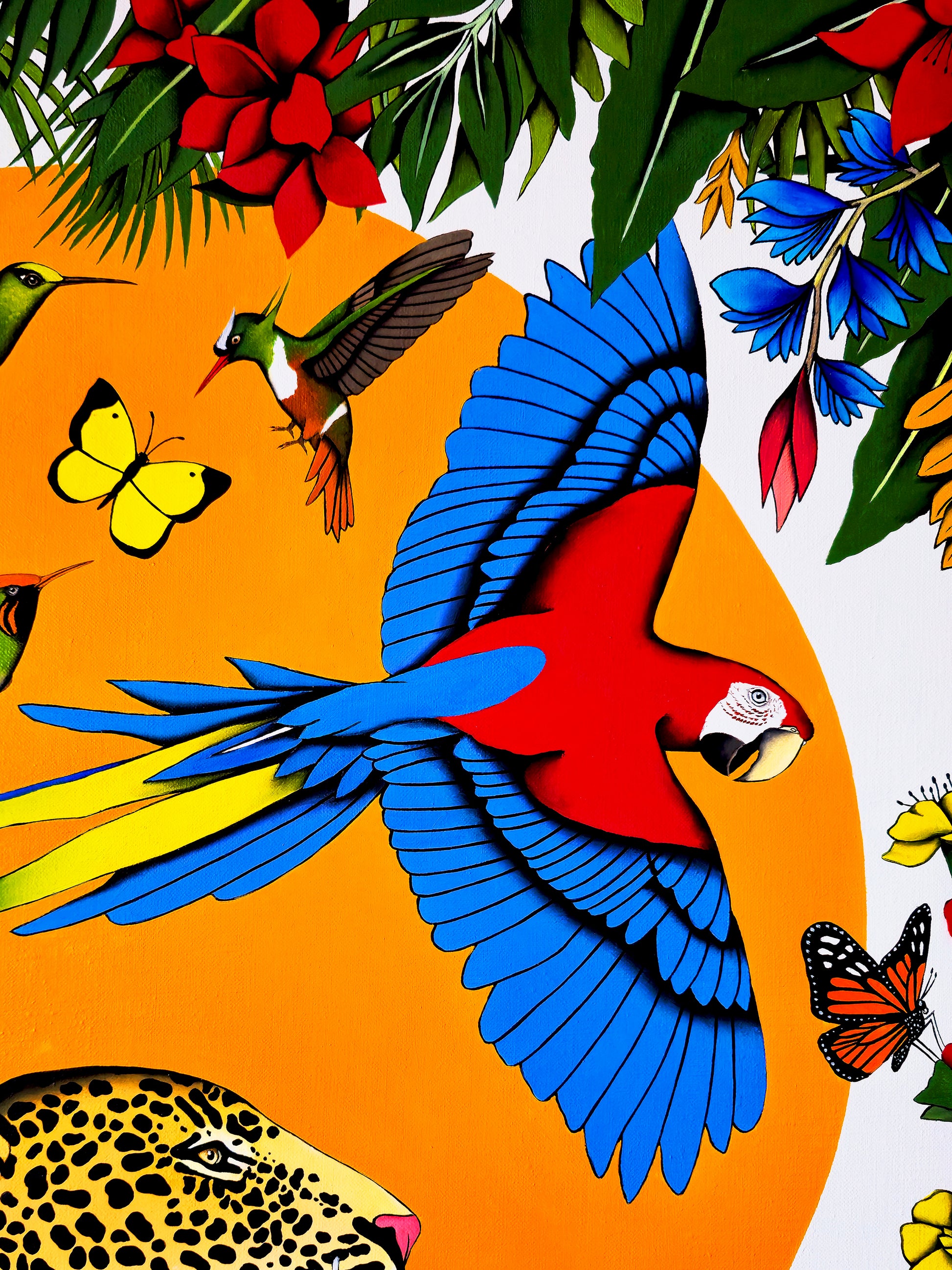 détail de ara rouge et de papillon issus de l'œuvre d'art "mon âme est un paradis", peinture originale et unique