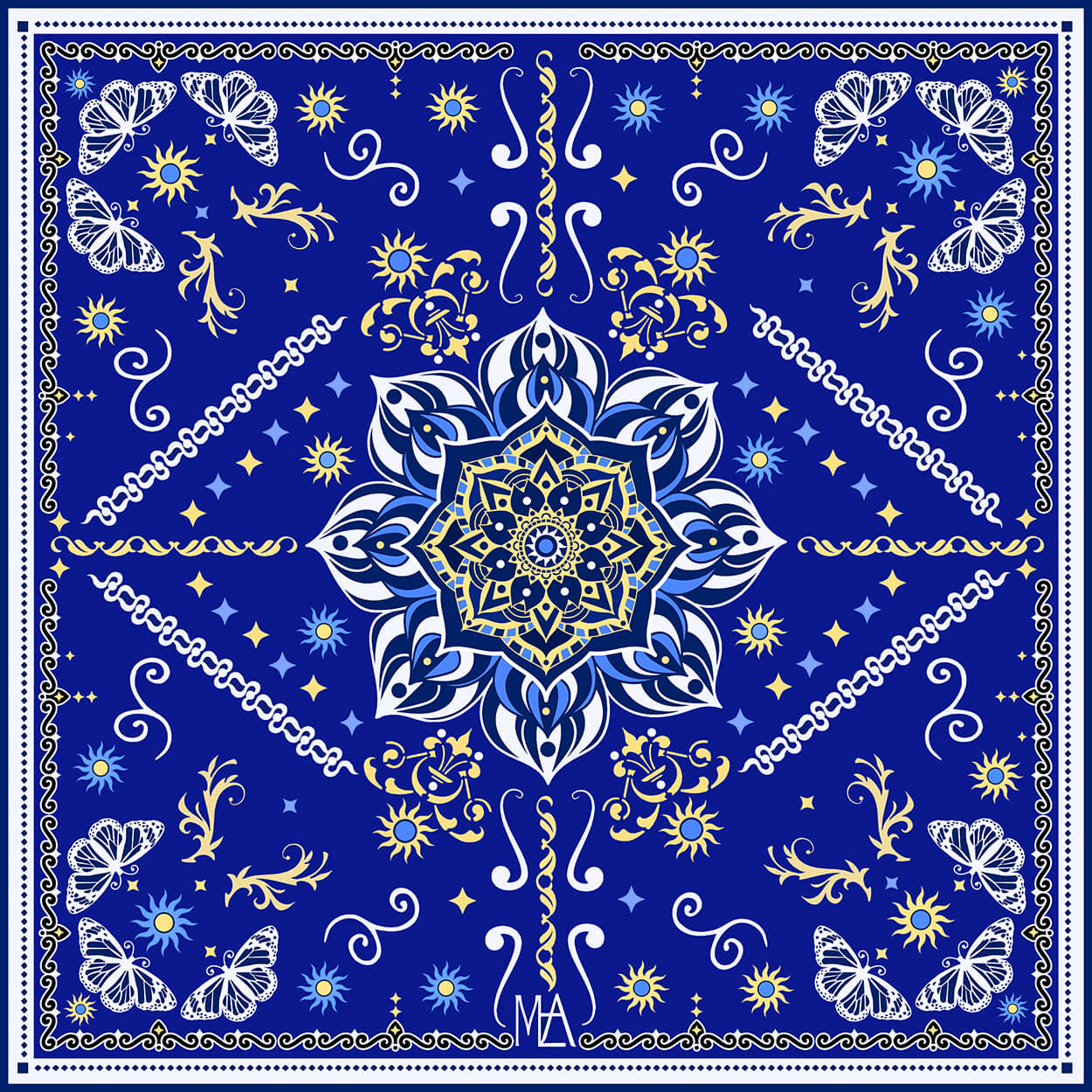  silk scarf  "The butterflies of the night" - Blue