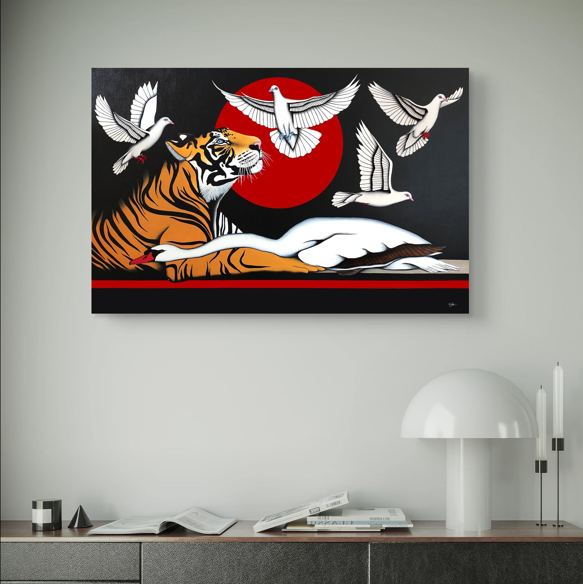 peinture originale à l'acrylique mise en situation . Galerie d'art caroline huet