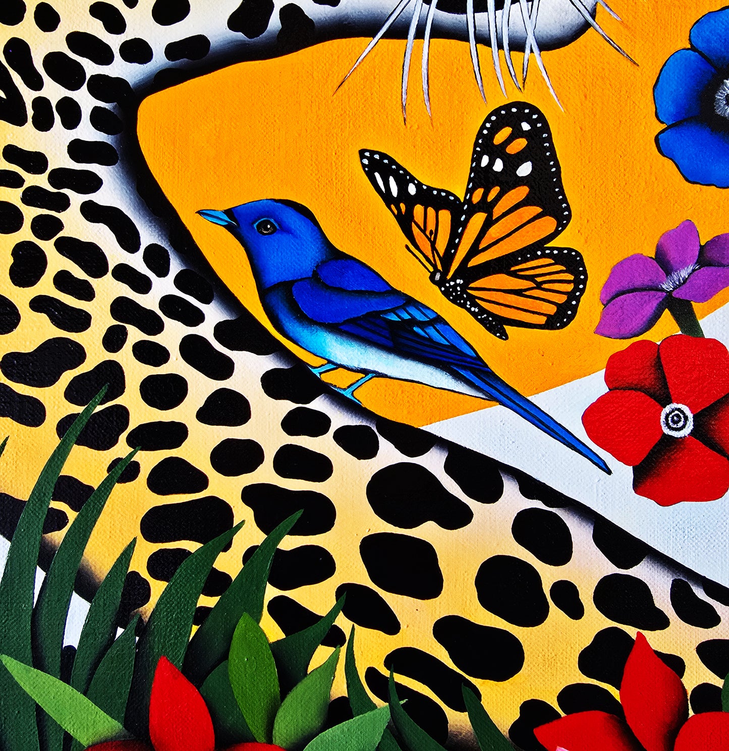 détail d'un tchitrec azuré faisant partie de la peinture à l'huile originale "Mon âme est un paradis" par l'artiste peintre caroline huet