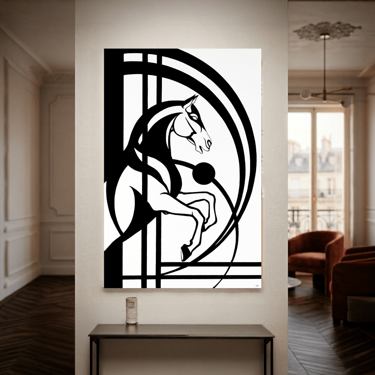 Peinture originale le passage. Une peinture acrylique sur toile représentant un cheval et un univers géométrique. Galerie d'art en ligne .